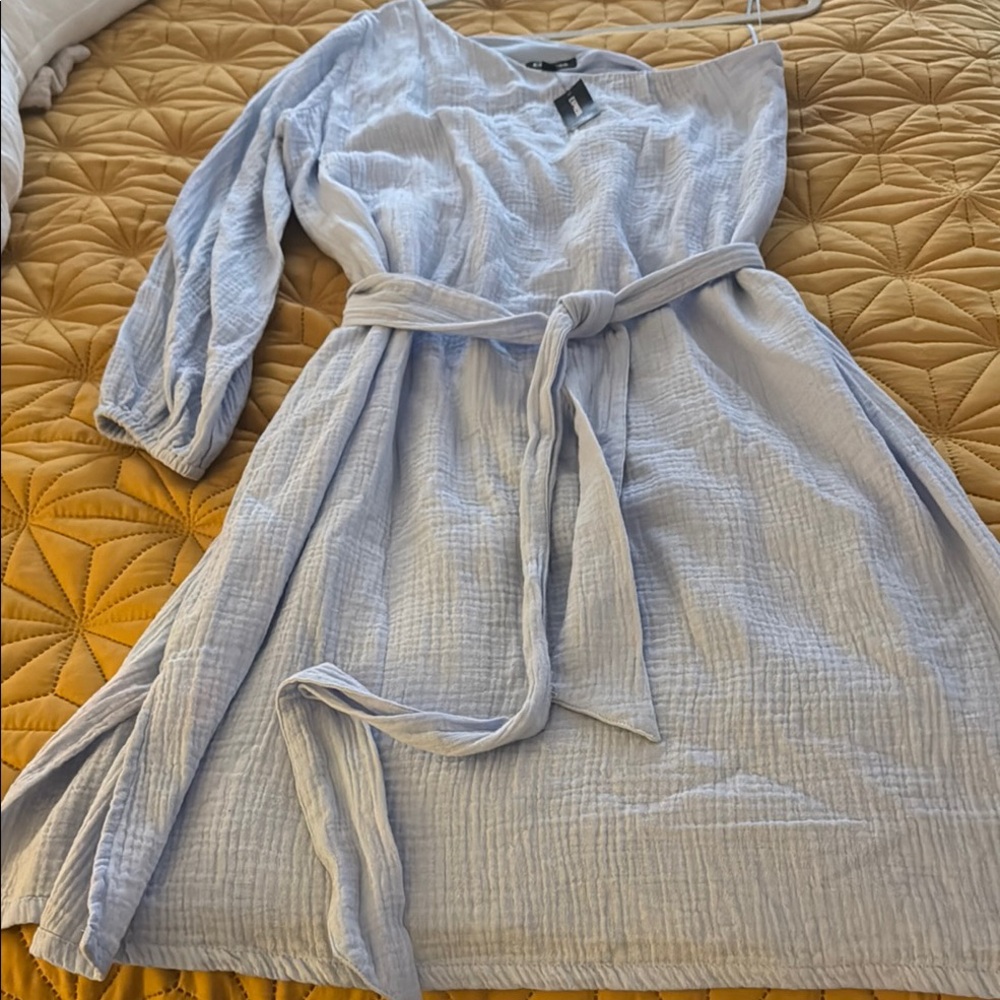 Elegant Express Light Blue Women's Dress One Shoulder Linen Midi Dress NWT